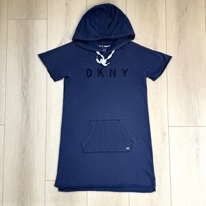DKNY Sport Hoodie Dress Women's XS Navy Blue Short Sleeve Logo Pocket Athleisure